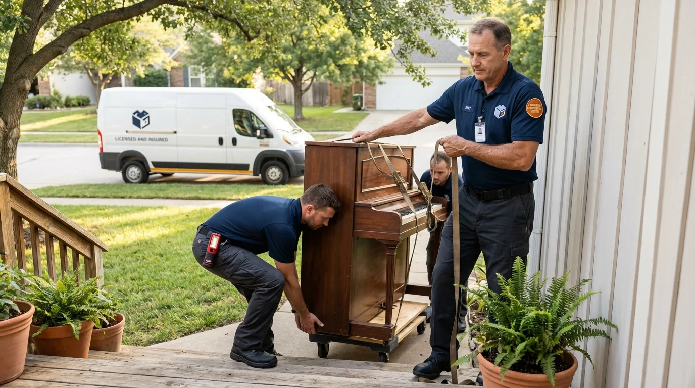 Licensed piano movers securing grand piano in Atwater, MN