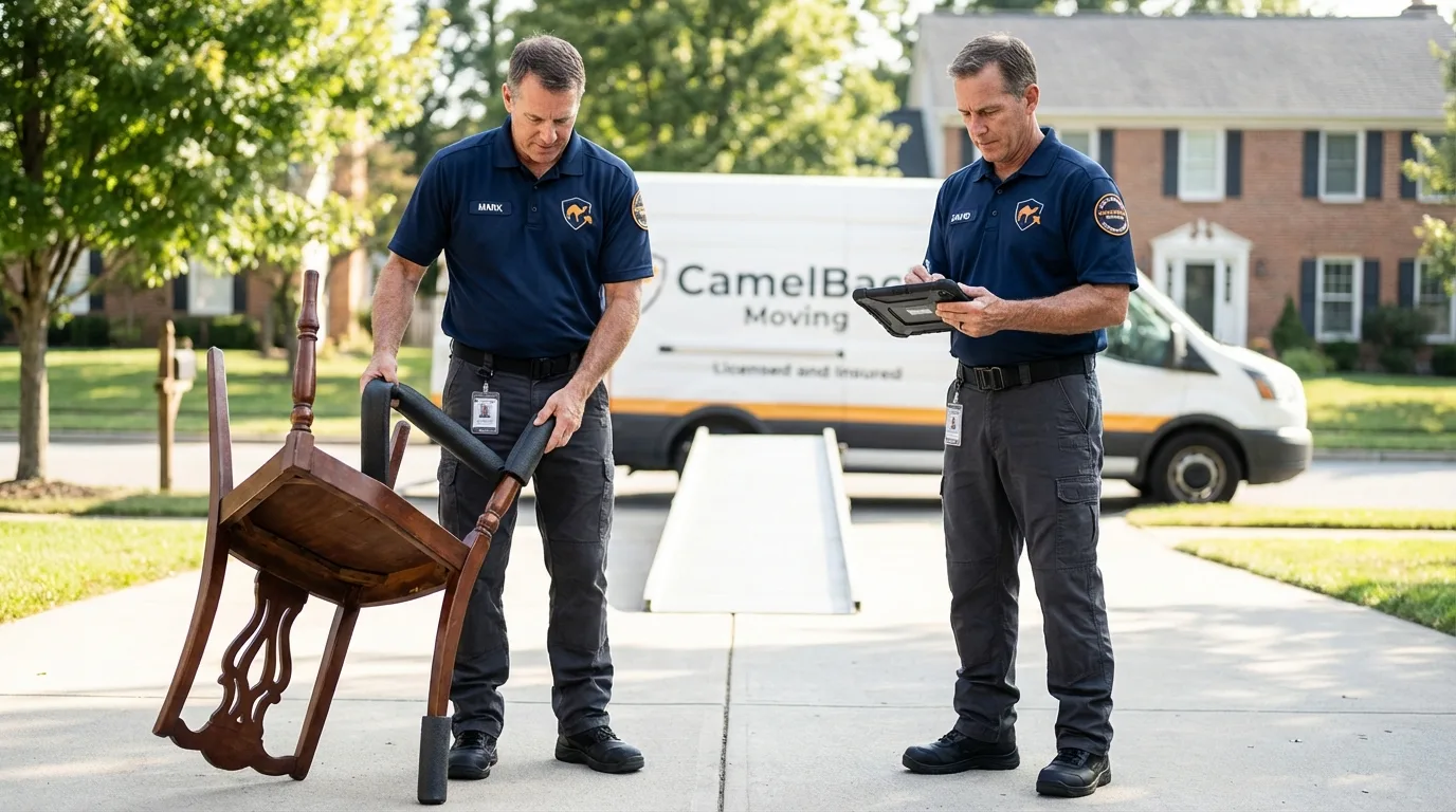 Movers inspecting furniture for damage prevention before loading in Atwater, MN