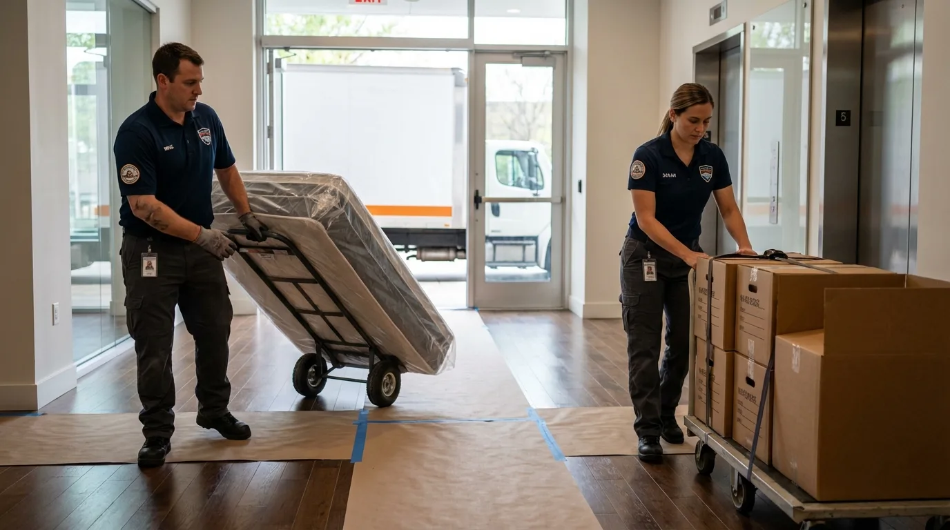 Professional apartment movers loading elevator in Atwater, MN