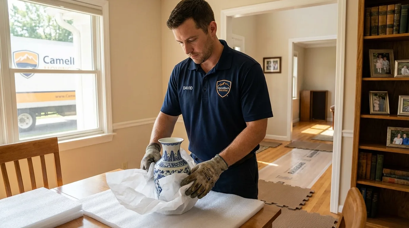 Professional crew carefully wrapping antique vase for senior downsizing move in Atwater, MN