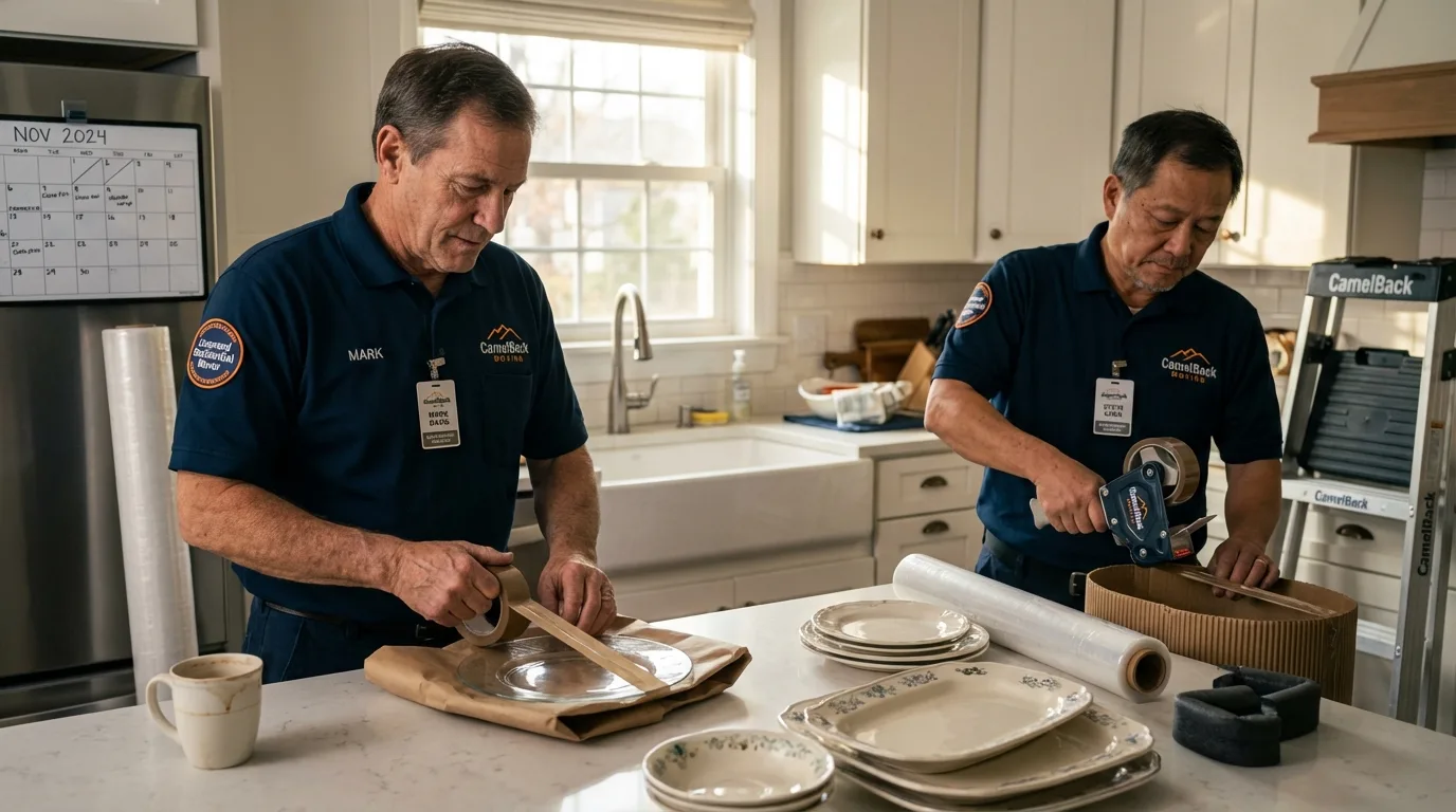 Professional crew packing kitchen dishware in Atwater, MN